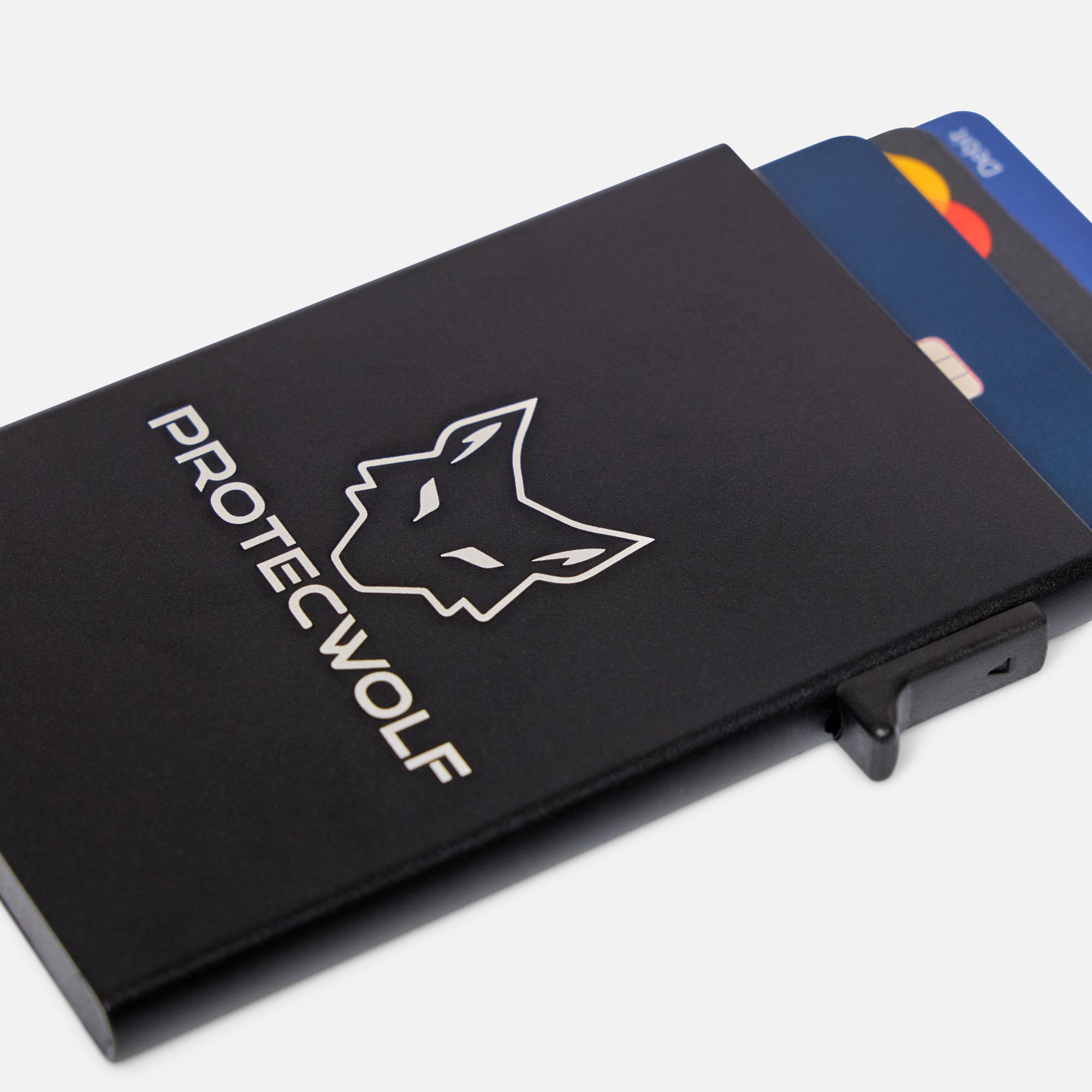 ProtecWolf minimalist metal wallet close up logo view