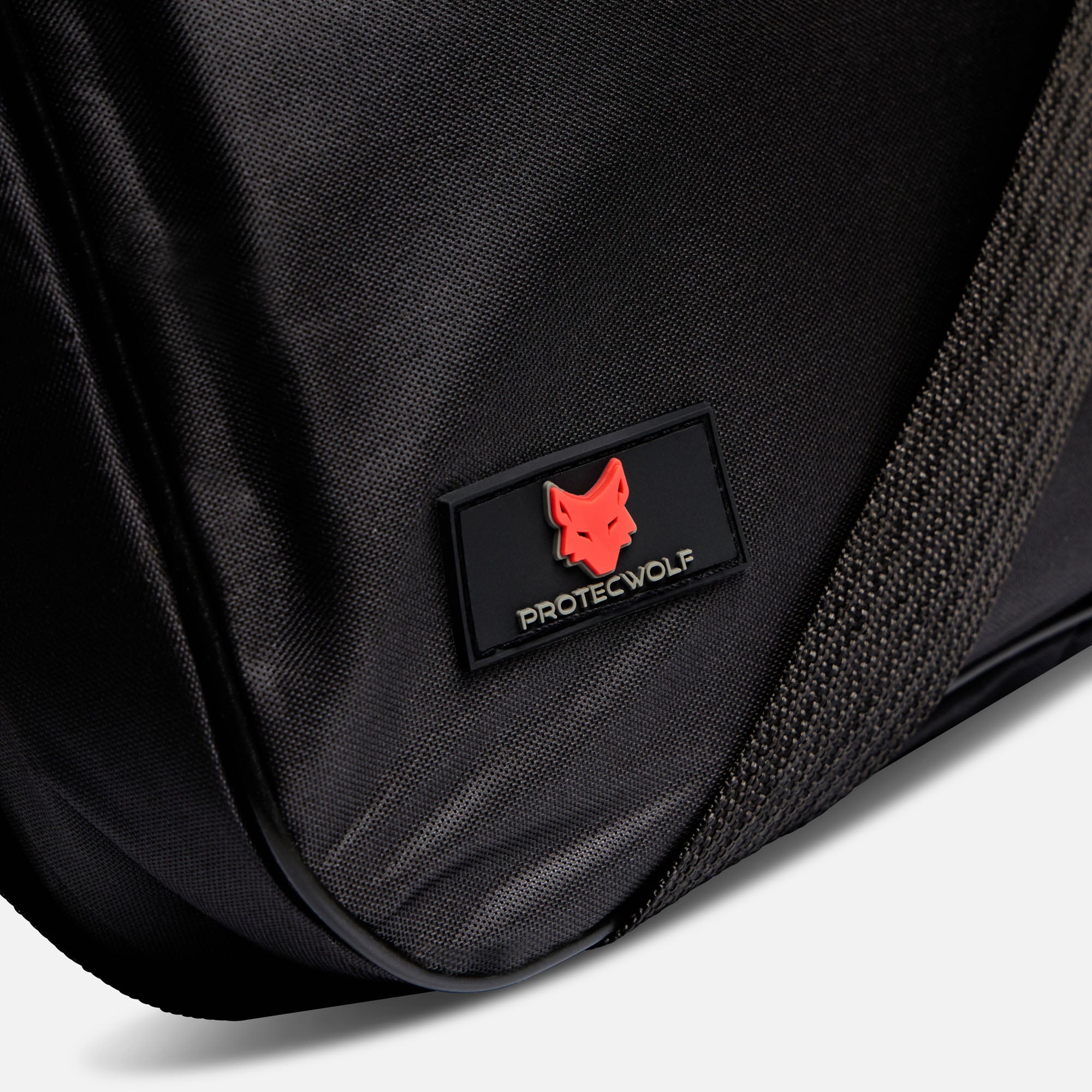 Black bag with a red and black logo on a white background