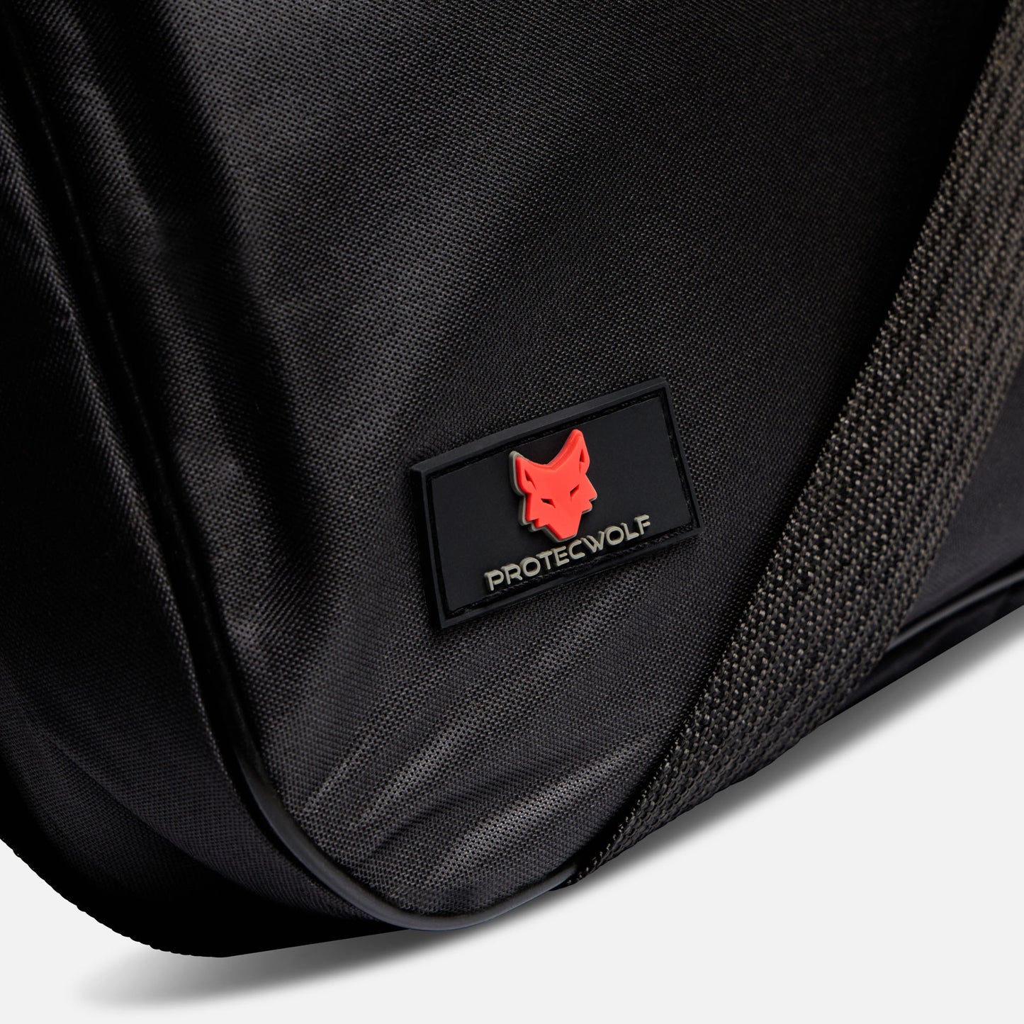 Black bag with a red and black logo on a white background