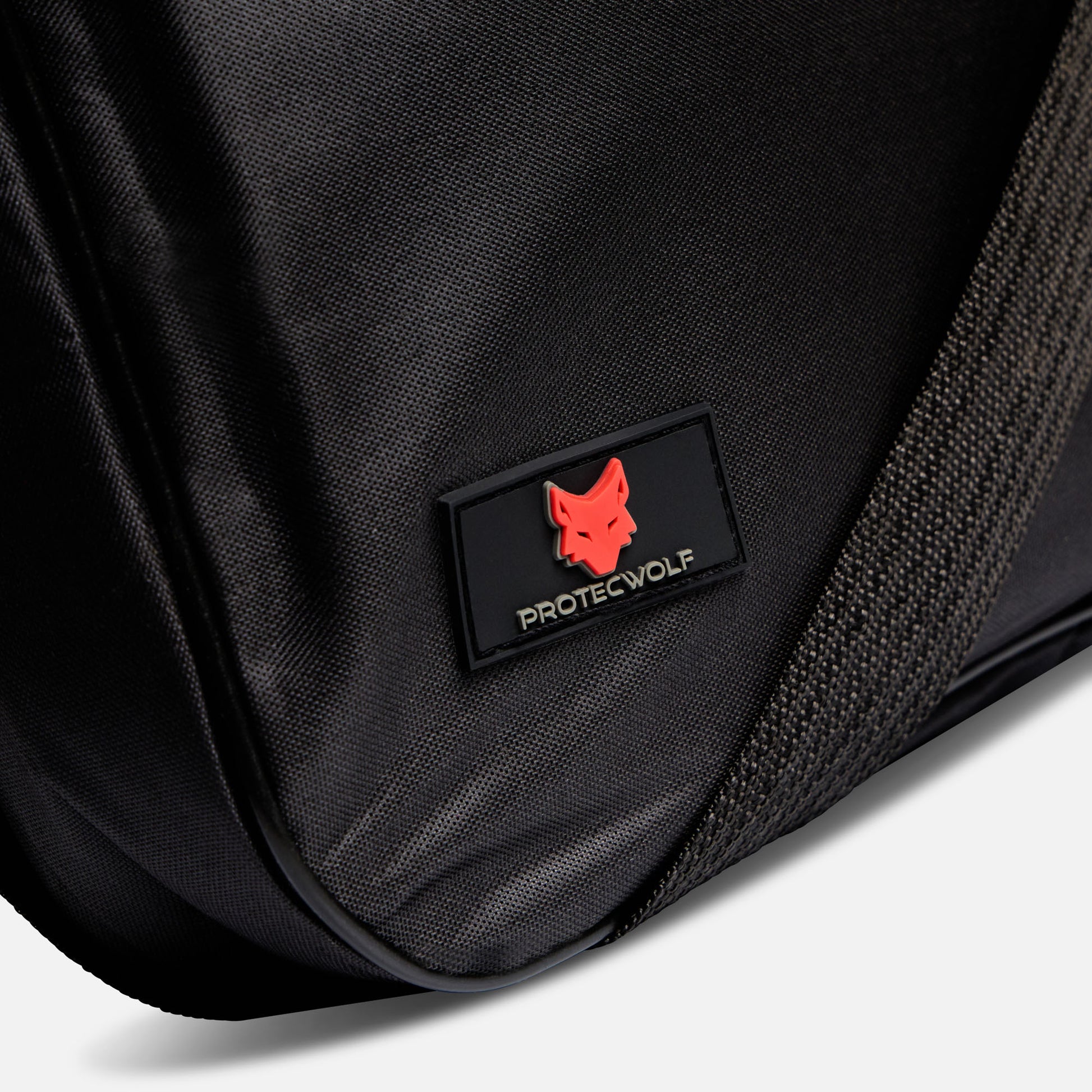 Black bag with a red and black logo on a white background