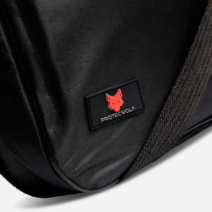 Black bag with a red and black logo on a white background