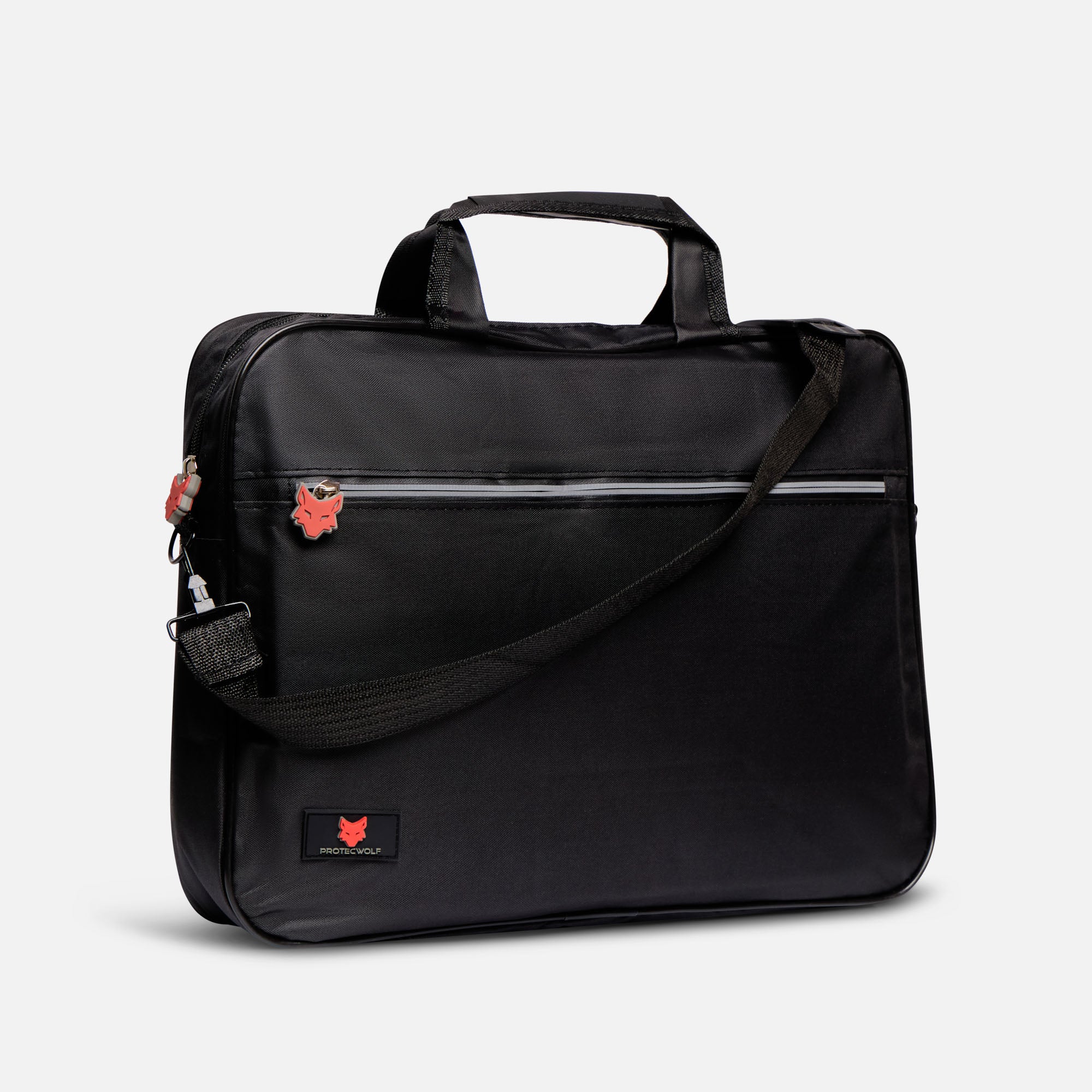 Black bag with a shoulder strap on a light gray background