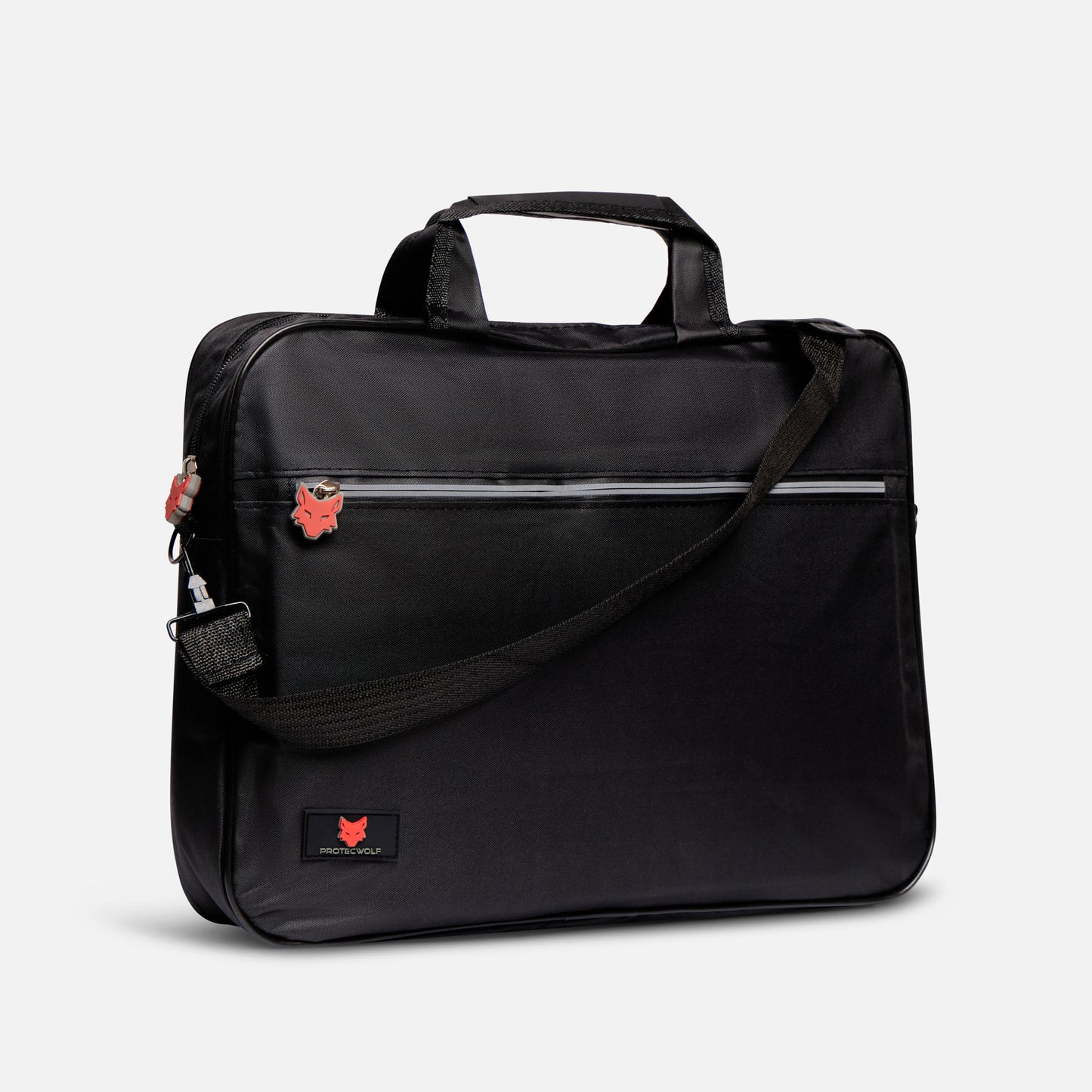 Black bag with a shoulder strap on a light gray background