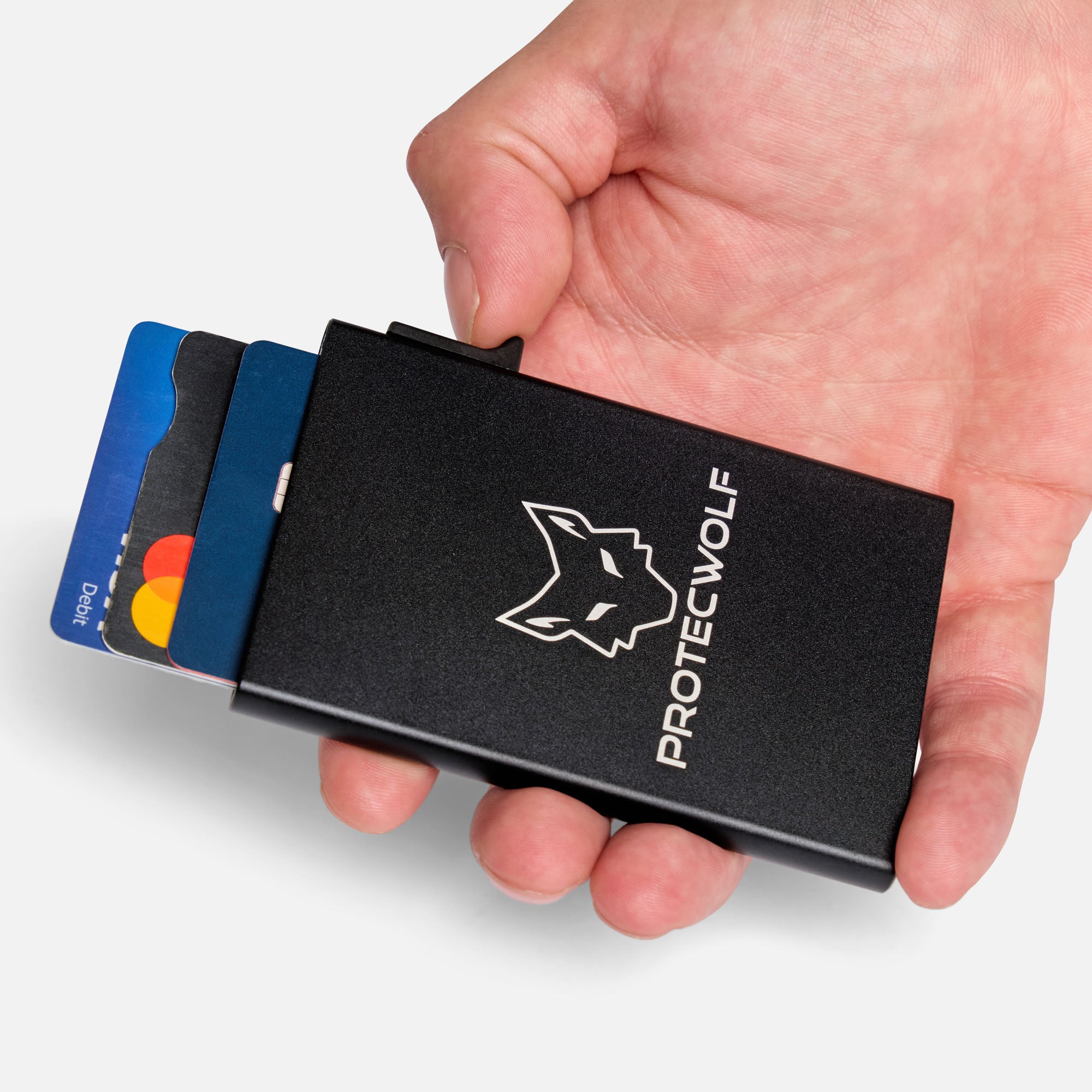 ProtecWolf slim RFID card wallet held in hand