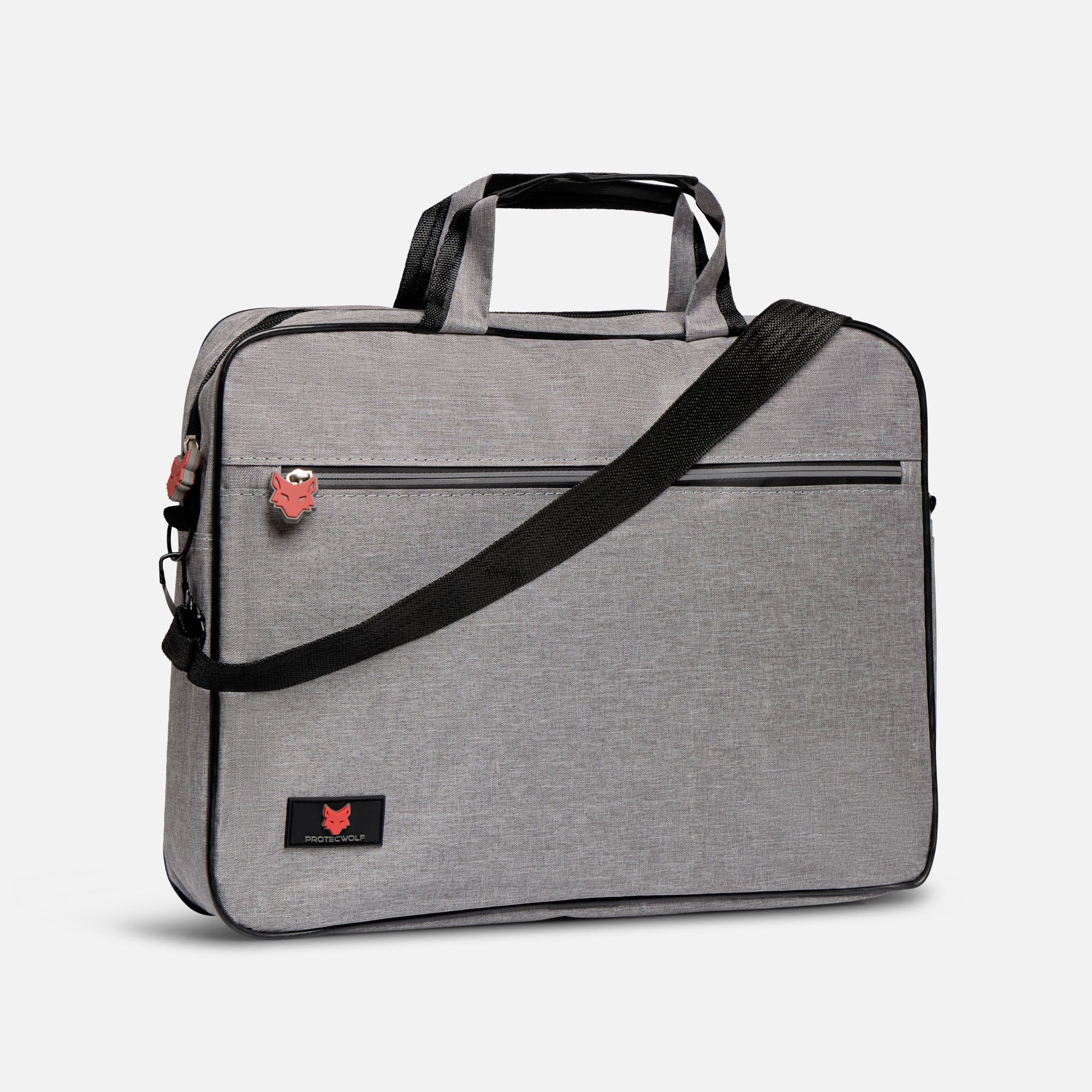 Gray laptop bag with a black strap on a light gray background
