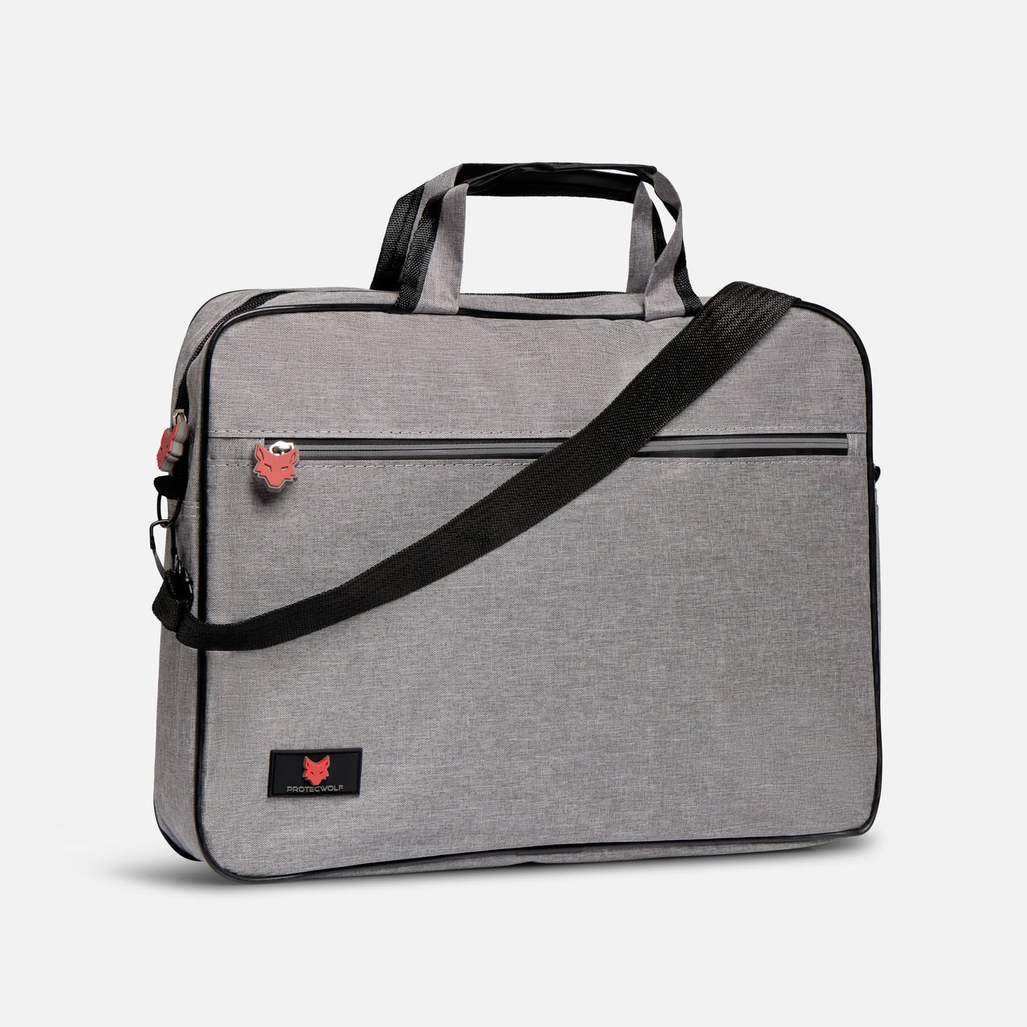 Gray laptop bag with a black strap on a light gray background