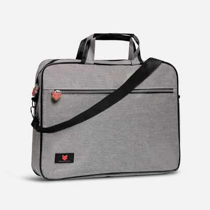 Gray laptop bag with a black strap on a light gray background